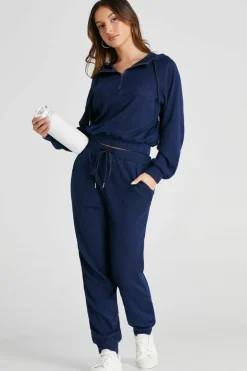 Best Dear-Lover Ribbed Knit Cropped Hoodie and Drawstring Joggers Set Navy Blue