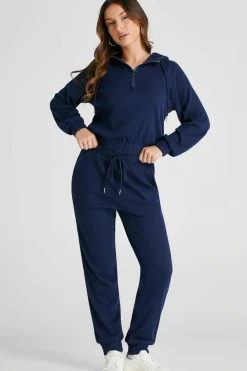 Best Dear-Lover Ribbed Knit Cropped Hoodie and Drawstring Joggers Set Navy Blue
