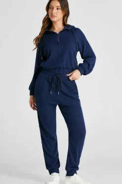 Best Dear-Lover Ribbed Knit Cropped Hoodie and Drawstring Joggers Set Navy Blue