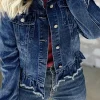 Hot Dear-Lover Ruffle Raw Hem Flap Pockets Denim Jacket Navy Blue