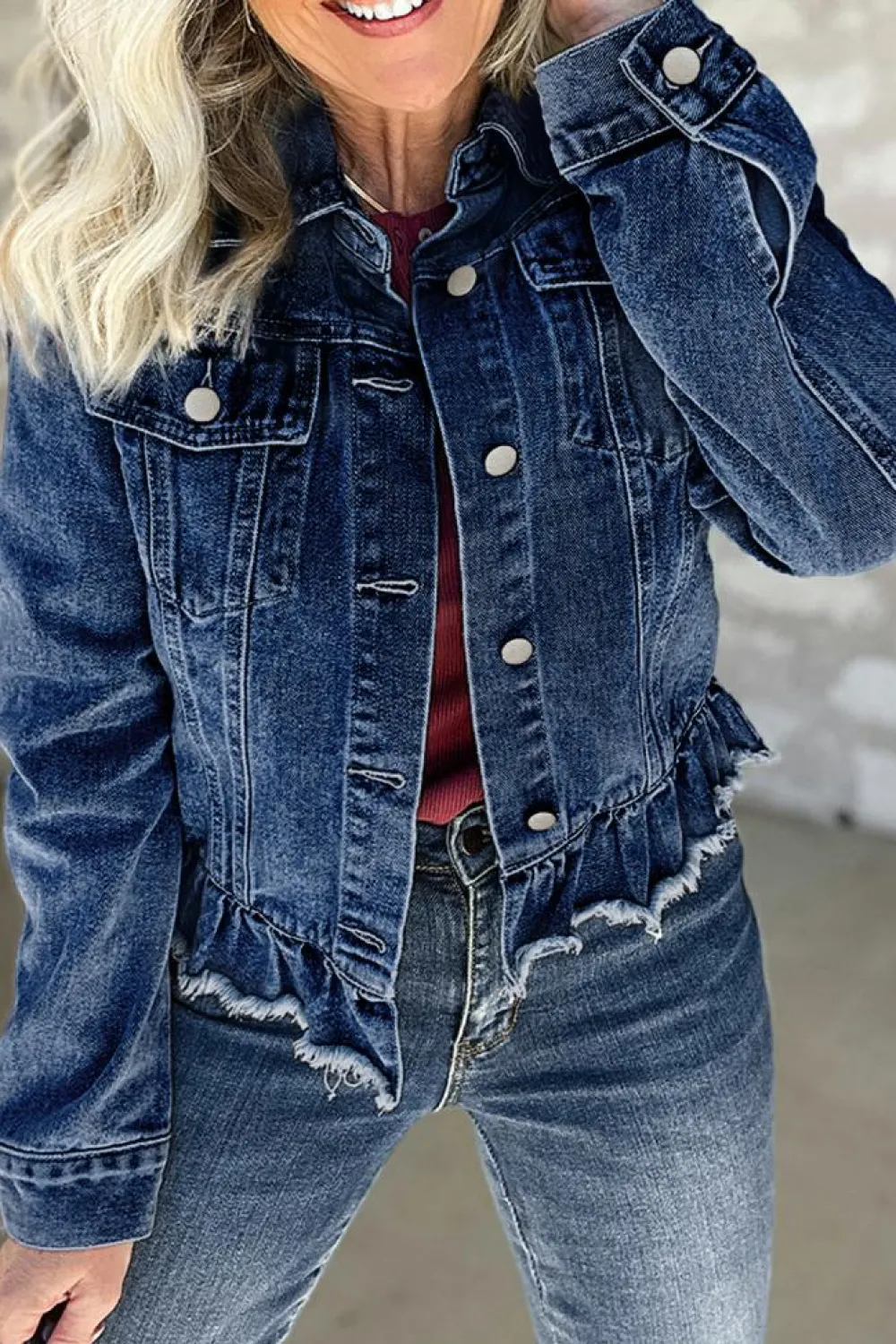 Hot Dear-Lover Ruffle Raw Hem Flap Pockets Denim Jacket Navy Blue