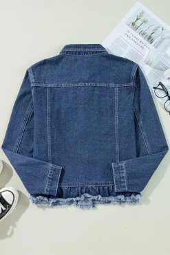 Hot Dear-Lover Ruffle Raw Hem Flap Pockets Denim Jacket Navy Blue
