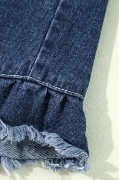 Hot Dear-Lover Ruffle Raw Hem Flap Pockets Denim Jacket Navy Blue