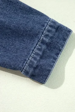 Hot Dear-Lover Ruffle Raw Hem Flap Pockets Denim Jacket Navy Blue