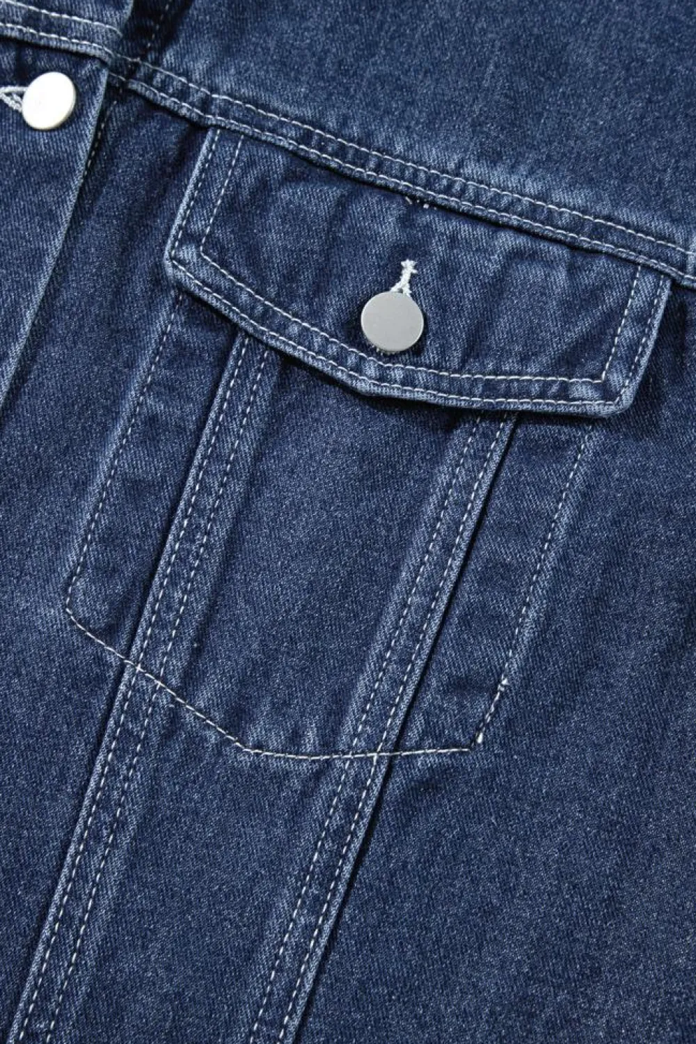 Hot Dear-Lover Ruffle Raw Hem Flap Pockets Denim Jacket Navy Blue