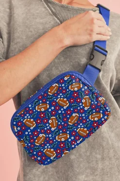 Fashion Dear-Lover Rugby Football Flower Print Zipped Inclined Shoulder Bag Navy Blue