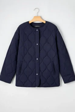 Fashion Dear-Lover Snap Button Quilted Puffer Jacket Navy Blue