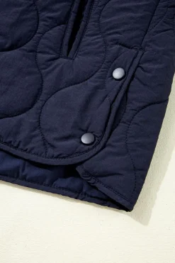 Fashion Dear-Lover Snap Button Quilted Puffer Jacket Navy Blue