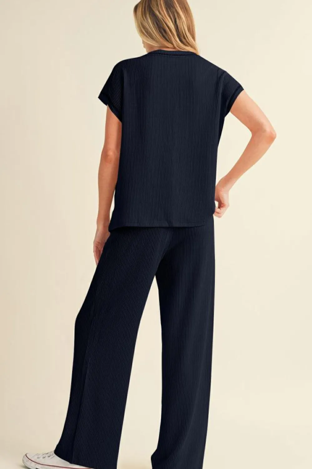 Outlet Dear-Lover Solid Color Corded Short Sleeve Top and Casual Pants Set Navy Blue