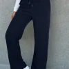 Online Dear-Lover Solid Color Fleece Lined Drawstring Waist Casual Pants Navy Blue