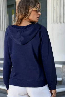 Discount Dear-Lover Solid Color Fleece Lined Zip up Hoodie Navy Blue