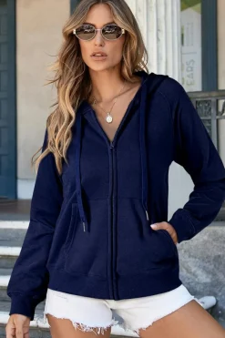 Discount Dear-Lover Solid Color Fleece Lined Zip up Hoodie Navy Blue