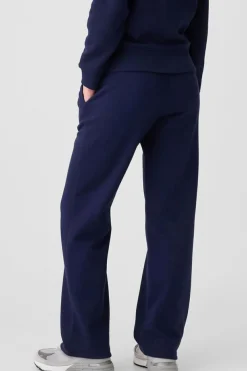 Online Dear-Lover Solid Color Fleece Lined Drawstring Waist Casual Pants Navy Blue