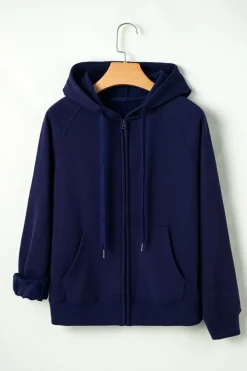 Discount Dear-Lover Solid Color Fleece Lined Zip up Hoodie Navy Blue
