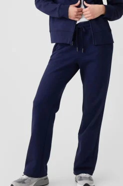 Online Dear-Lover Solid Color Fleece Lined Drawstring Waist Casual Pants Navy Blue