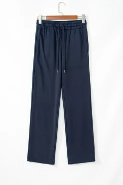 Online Dear-Lover Solid Color Fleece Lined Drawstring Waist Casual Pants Navy Blue