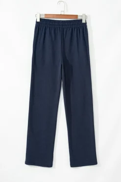 Online Dear-Lover Solid Color Fleece Lined Drawstring Waist Casual Pants Navy Blue