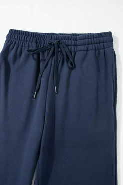 Online Dear-Lover Solid Color Fleece Lined Drawstring Waist Casual Pants Navy Blue