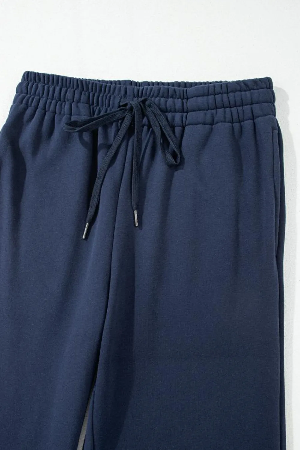 Online Dear-Lover Solid Color Fleece Lined Drawstring Waist Casual Pants Navy Blue