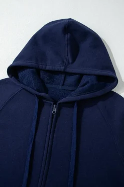 Discount Dear-Lover Solid Color Fleece Lined Zip up Hoodie Navy Blue