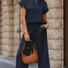 Best Dear-Lover Solid Color Textured Short Sleeve Top and Casual Pants Set Navy Blue