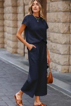 Best Dear-Lover Solid Color Textured Short Sleeve Top and Casual Pants Set Navy Blue