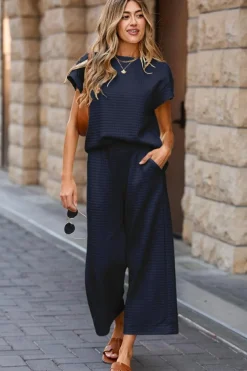Best Dear-Lover Solid Color Textured Short Sleeve Top and Casual Pants Set Navy Blue