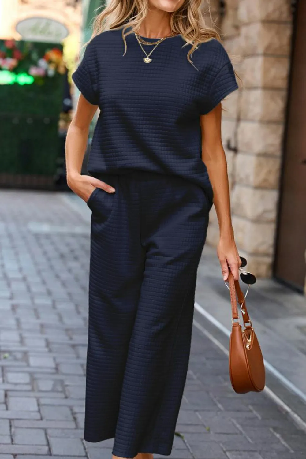Best Dear-Lover Solid Color Textured Short Sleeve Top and Casual Pants Set Navy Blue