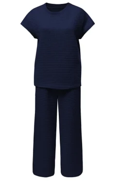 Best Dear-Lover Solid Color Textured Short Sleeve Top and Casual Pants Set Navy Blue