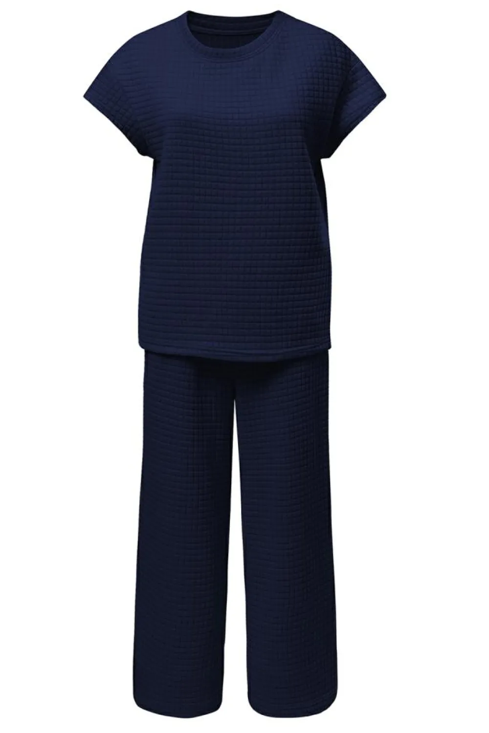 Best Dear-Lover Solid Color Textured Short Sleeve Top and Casual Pants Set Navy Blue
