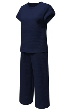 Best Dear-Lover Solid Color Textured Short Sleeve Top and Casual Pants Set Navy Blue