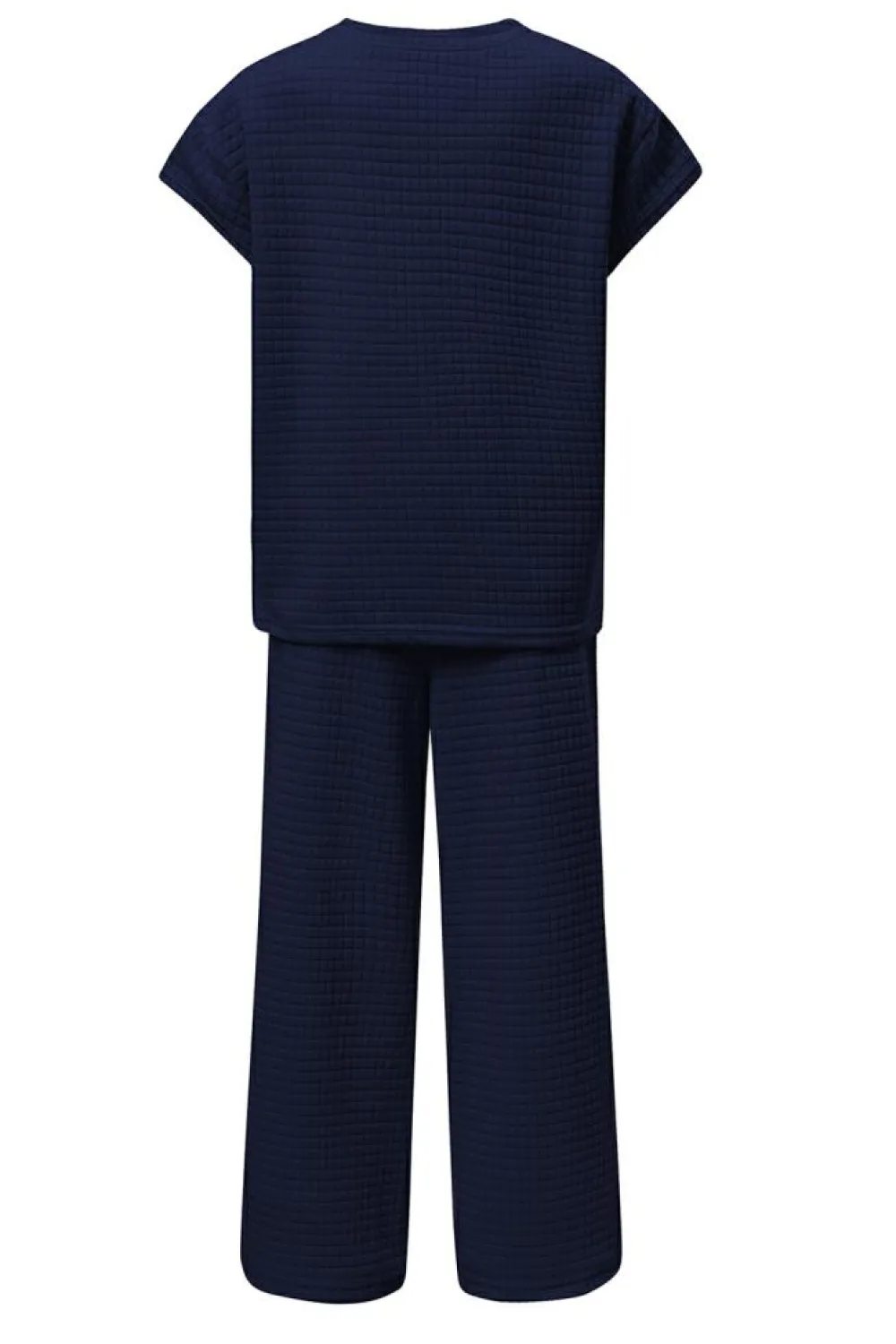 Best Dear-Lover Solid Color Textured Short Sleeve Top and Casual Pants Set Navy Blue