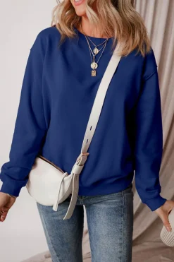 New Dear-Lover Solid Fleece Lined Drop Shoulder Terry Sweatshirt Navy Blue
