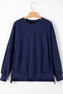 Discount Dear-Lover Solid Fleece Lined Drop Shoulder High Low Sweatshirt Navy Blue