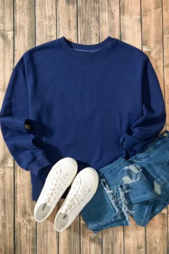 New Dear-Lover Solid Fleece Lined Drop Shoulder Terry Sweatshirt Navy Blue