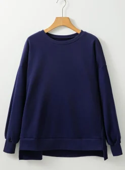 Discount Dear-Lover Solid Fleece Lined Drop Shoulder High Low Sweatshirt Navy Blue