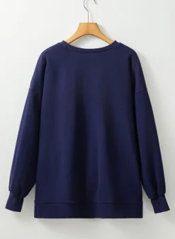 Discount Dear-Lover Solid Fleece Lined Drop Shoulder High Low Sweatshirt Navy Blue