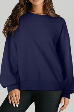 Hot Dear-Lover Solid O Neck High Low Hem Pullover Sweatshirt Navy Blue