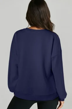 Hot Dear-Lover Solid O Neck High Low Hem Pullover Sweatshirt Navy Blue