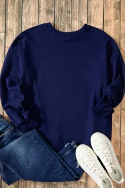 Hot Dear-Lover Solid O Neck High Low Hem Pullover Sweatshirt Navy Blue