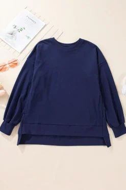 Hot Dear-Lover Solid O Neck High Low Hem Pullover Sweatshirt Navy Blue
