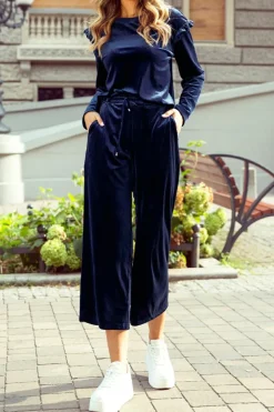 Fashion Dear-Lover Solid Velvet Ruffled Two Piece Pants Set Navy Blue