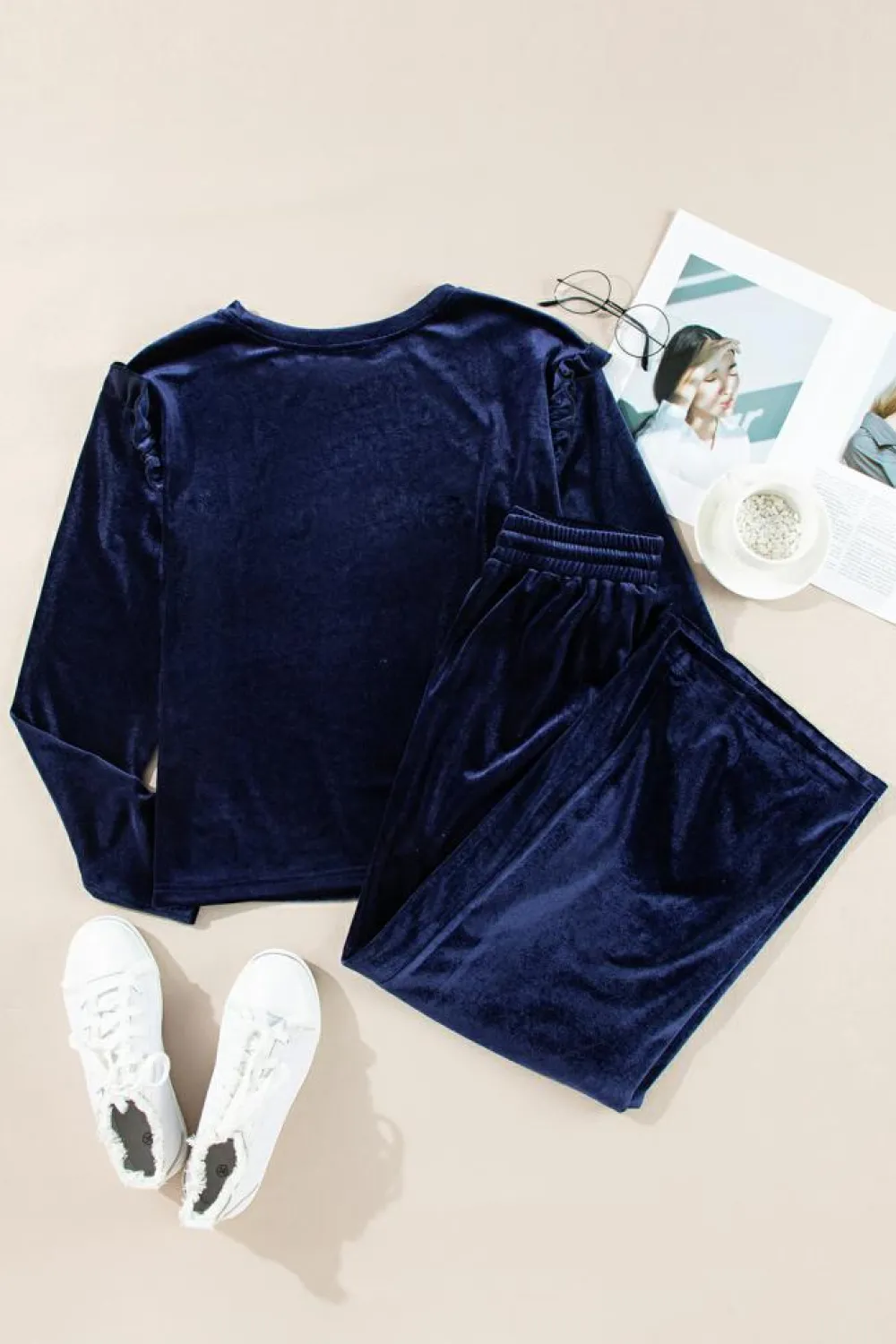 Fashion Dear-Lover Solid Velvet Ruffled Two Piece Pants Set Navy Blue