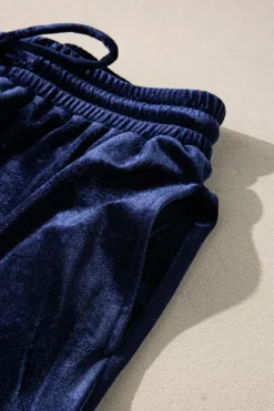 Fashion Dear-Lover Solid Velvet Ruffled Two Piece Pants Set Navy Blue