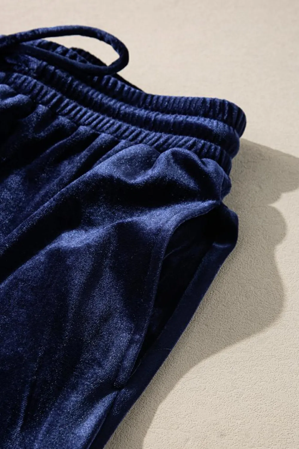 Fashion Dear-Lover Solid Velvet Ruffled Two Piece Pants Set Navy Blue