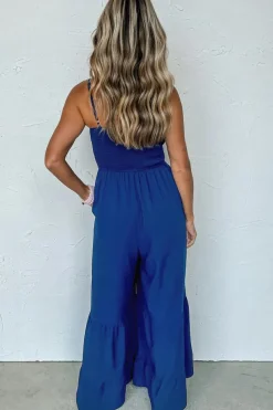 Online Dear-Lover Spaghetti Straps Smocked Ruffled Wide Leg Jumpsuit Navy Blue