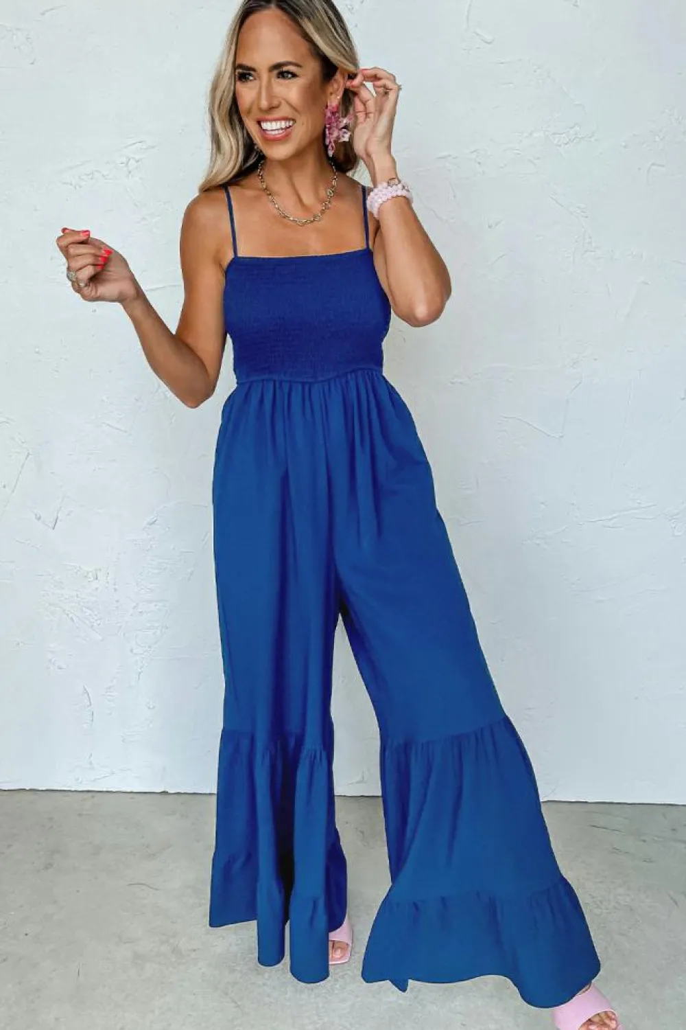 Online Dear-Lover Spaghetti Straps Smocked Ruffled Wide Leg Jumpsuit Navy Blue