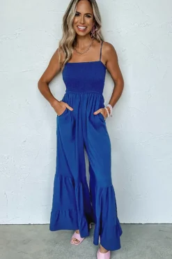 Online Dear-Lover Spaghetti Straps Smocked Ruffled Wide Leg Jumpsuit Navy Blue