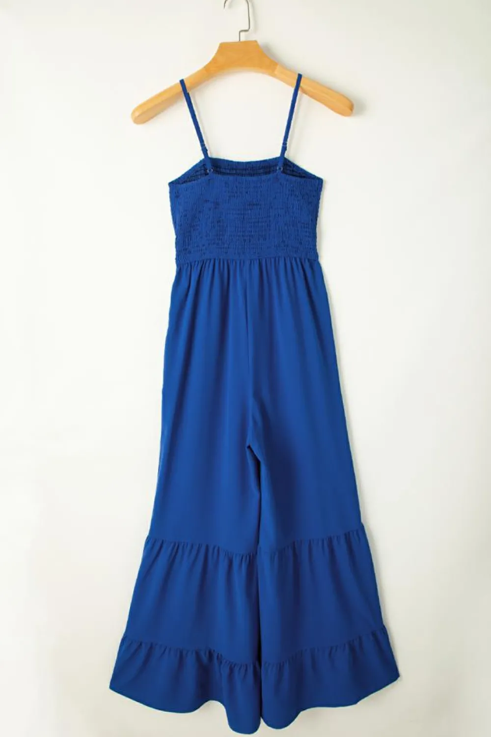 Online Dear-Lover Spaghetti Straps Smocked Ruffled Wide Leg Jumpsuit Navy Blue