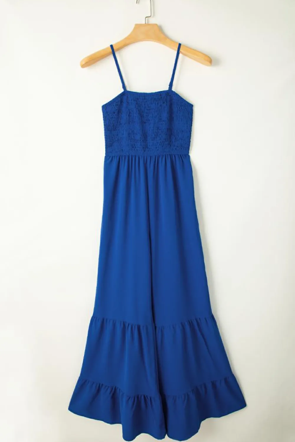 Online Dear-Lover Spaghetti Straps Smocked Ruffled Wide Leg Jumpsuit Navy Blue